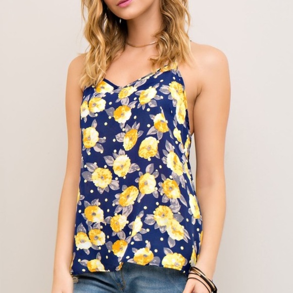 Blue with yellow flower sleeveless top - Picture 5 of 8
